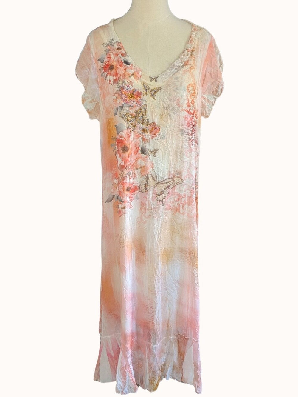 Vintage Y2K Whimsical V-Neck Pink Butterfly Watercolor Maxi Dress size L